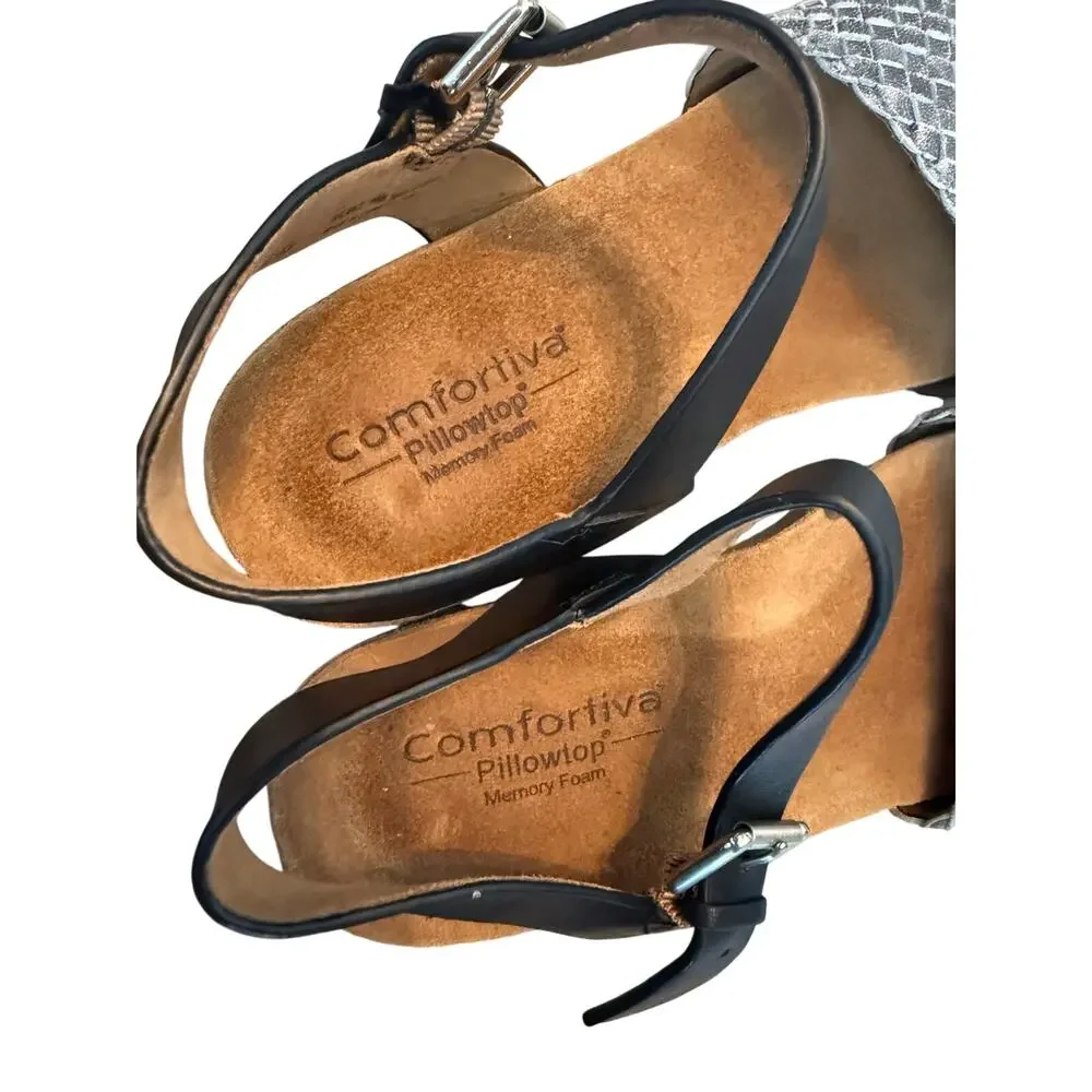Comfortiva Eshana Wedge Sandals Gray Woven Leather Black Ankle Strap Size 7.5